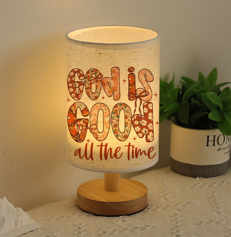 Modern USB-Powered Linen Table Lamp with Inspirational "God is Good All The Time" Design