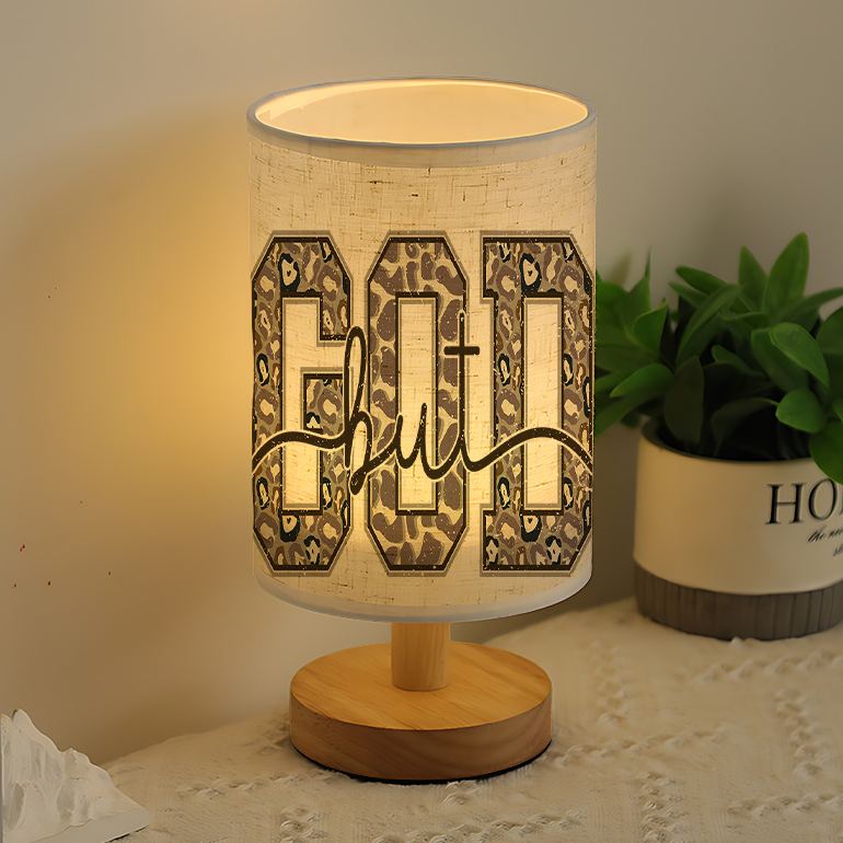 USB Powered Linen Table Lamp With Leopard Print And Cursive Lettering Design