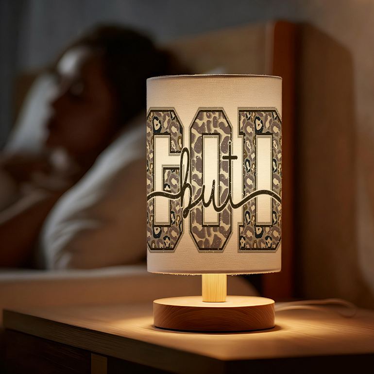 USB Powered Linen Table Lamp With Leopard Print And Cursive Lettering Design