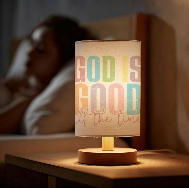 Modern USB-Powered Linen Table Lamp with Inspirational "God is Good All The Time" Design