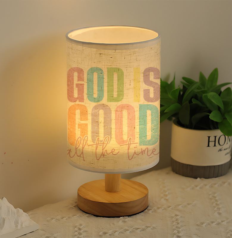 Modern USB-Powered Linen Table Lamp with Inspirational "God is Good All The Time" Design