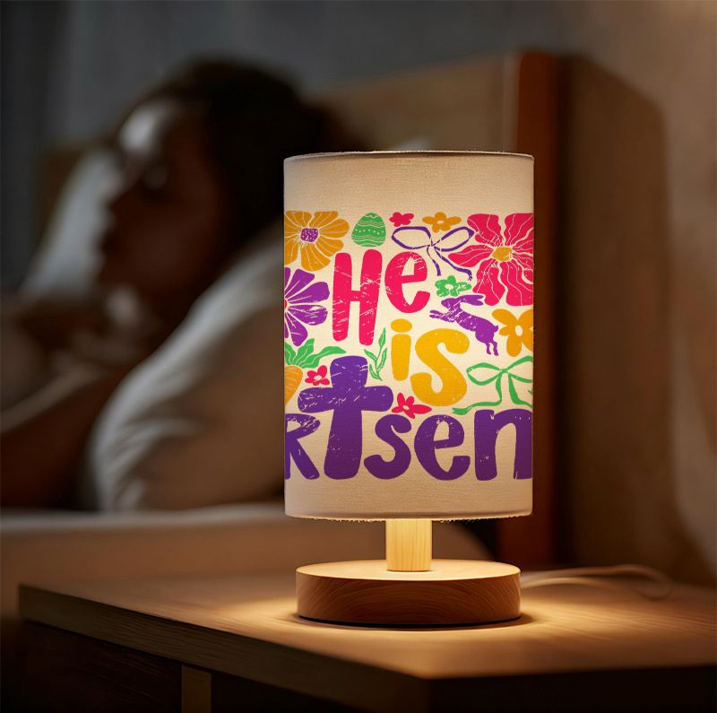 Modern USB-Powered Linen Table Lamp with Floral & "He is Risen" Christian Design