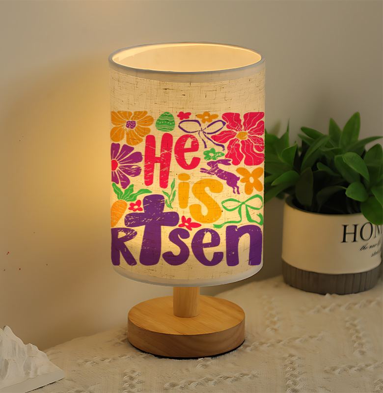 Modern USB-Powered Linen Table Lamp with Floral & "He is Risen" Christian Design