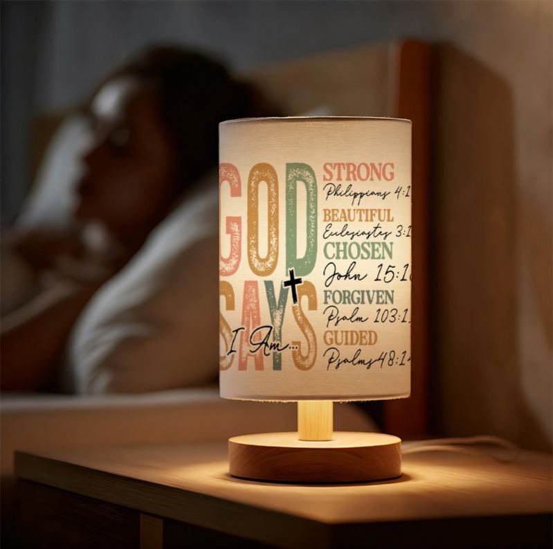 Modern USB-Powered Linen Table Lamp with Inspirational Bible Verse Design