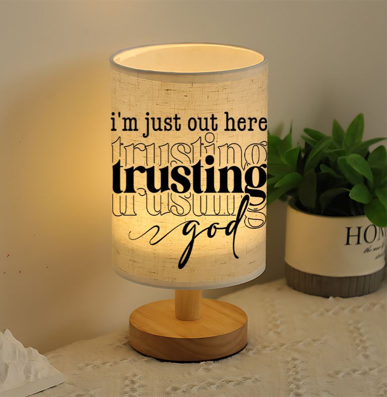 Modern USB-Powered Linen Table Lamp with Inspirational "I'm Out Here Trying to Be God" Quote
