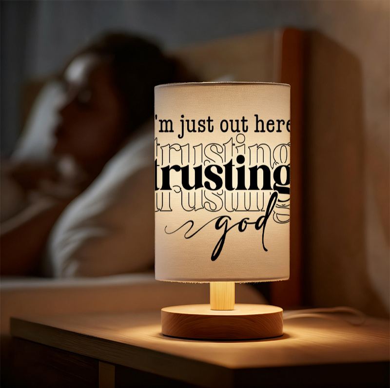 Modern USB-Powered Linen Table Lamp with Inspirational "I'm Out Here Trying to Be God" Quote