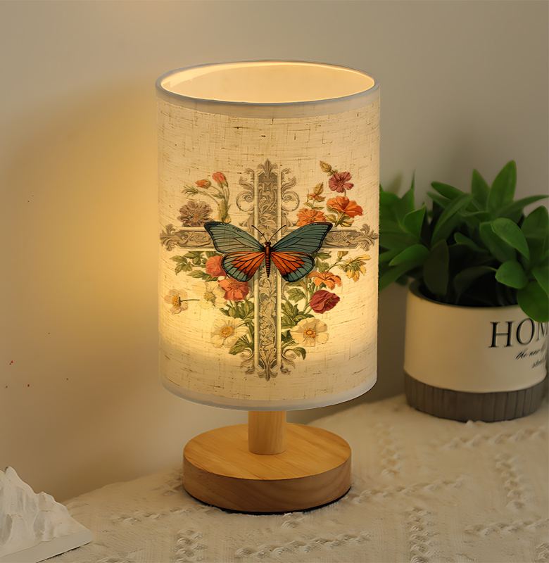 USB Powered Linen Table Lamp With Floral And Pattern Shade