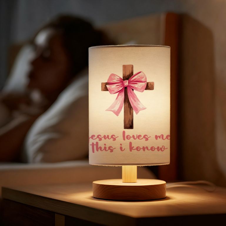 USB-Powered Linen Table Lamp Elegant Bow & Cross Design