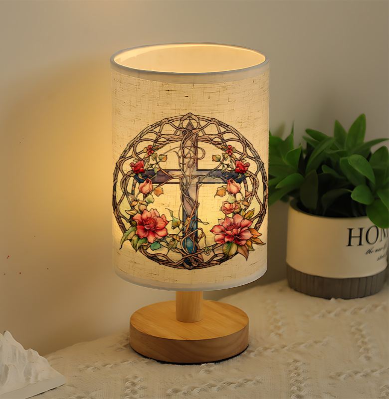 Modern USB-Powered Linen Table Lamp with Floral Tree of Life Design