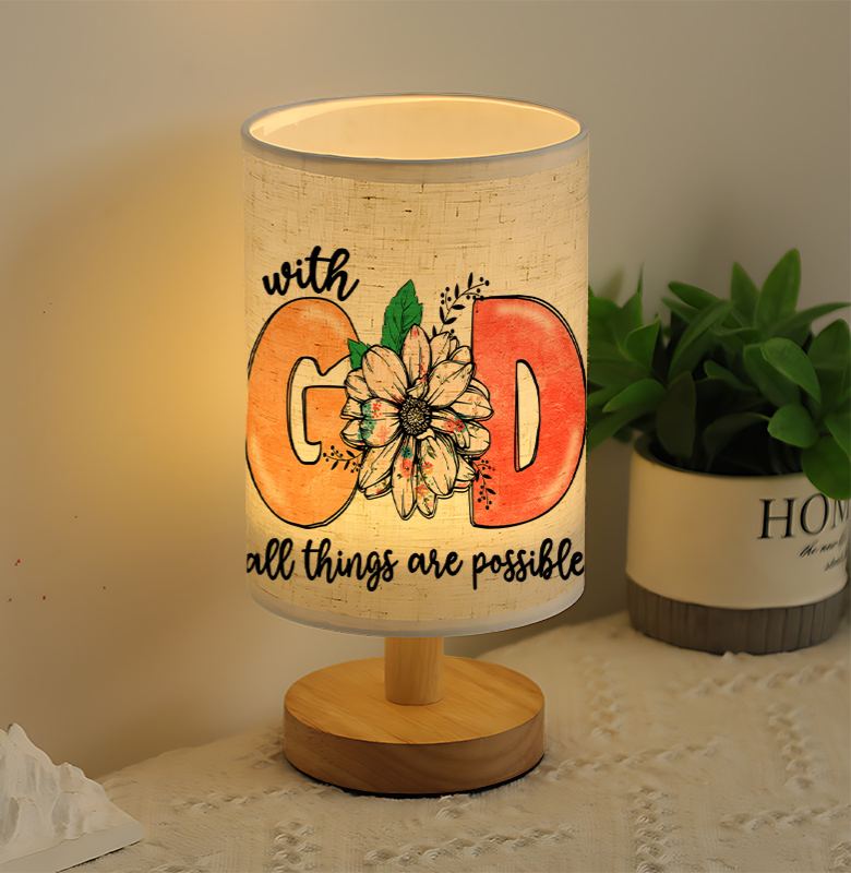 Modern USB-Powered Linen Lamp with Floral & "All Things Are Possible" Design