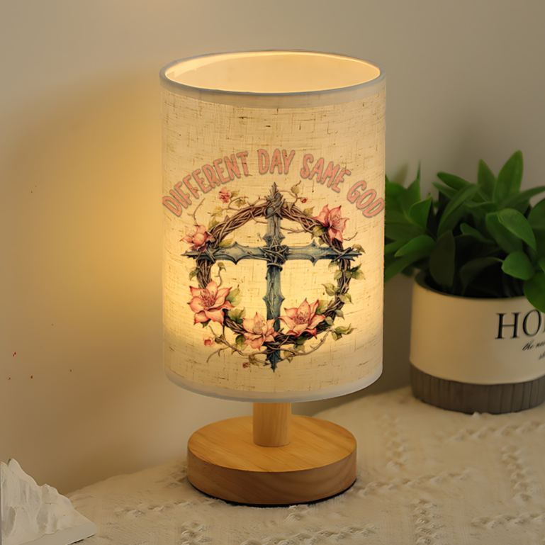 Table Lamp with Floral Cross & "One Day More Like Less Like Me" Design