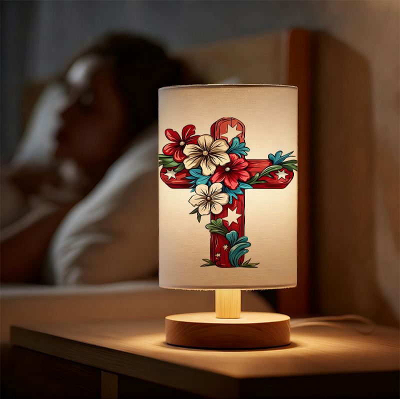 Modern USB-Powered Linen Table Lamp with Floral Cross Design & Warm Glow Lighting