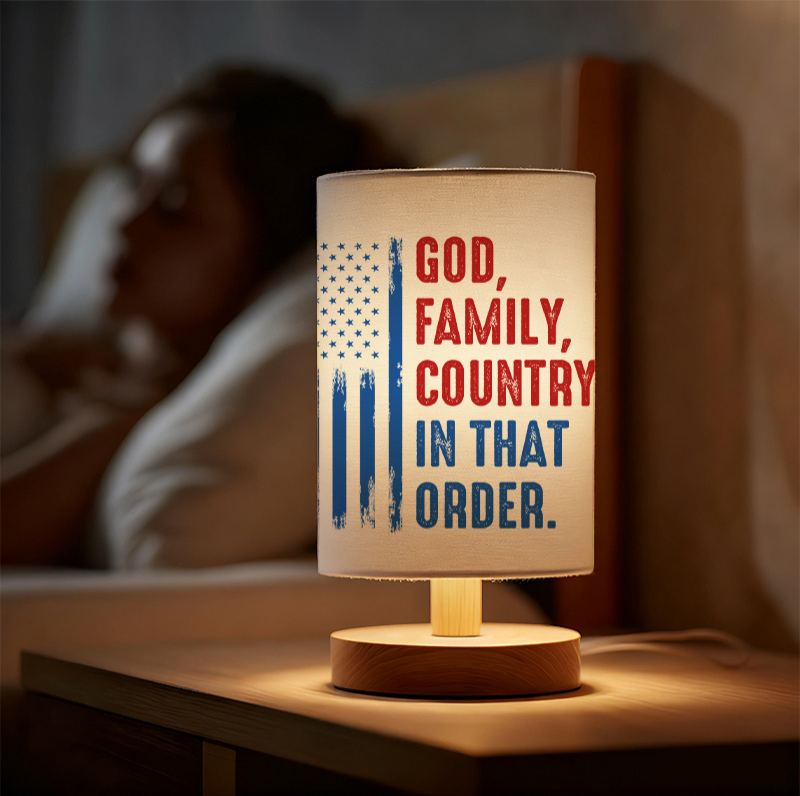 Modern USB-Powered Linen Table Lamp with Flag & "God for family Country in That Order" Design