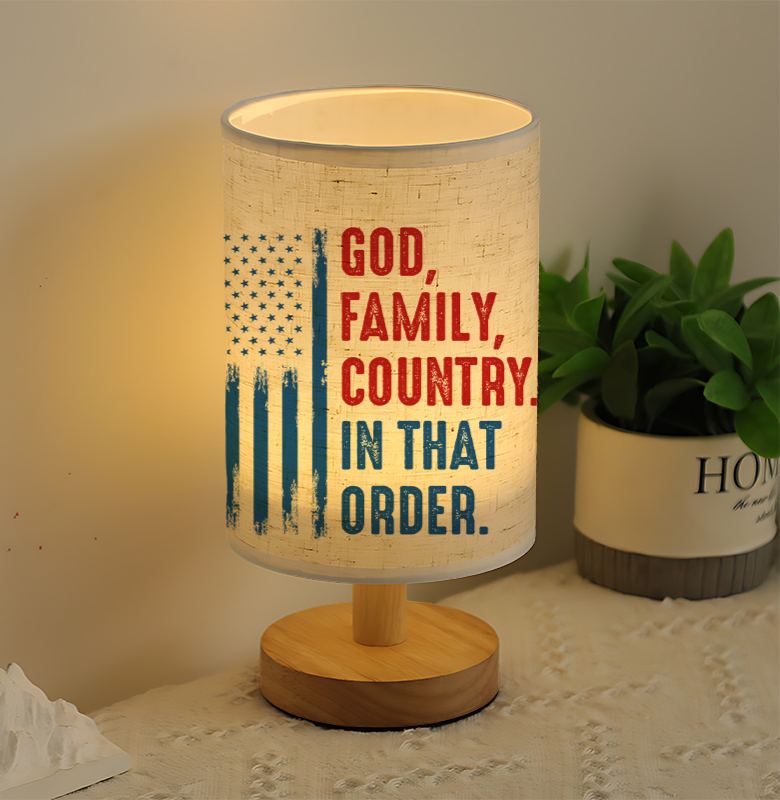Modern USB-Powered Linen Table Lamp with Flag & "God for family Country in That Order" Design