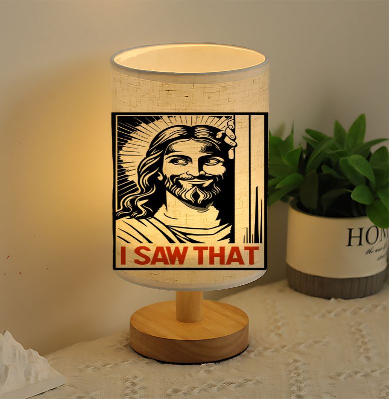 Modern USB-Powered Linen Table Lamp Christ "I Saw That" Design