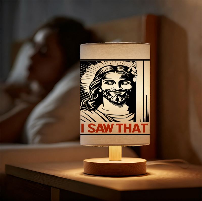 Modern USB-Powered Linen Table Lamp Christ "I Saw That" Design