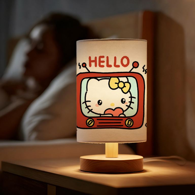 A modern Sanrio USB-powered linen lamp creating ambiance in the living room 