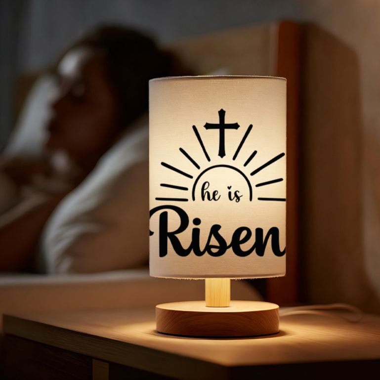 Modern USB-Powered Linen Table Lamp with Christian Cross & "He is Risen" Design