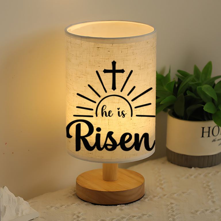 Modern USB-Powered Linen Table Lamp with Christian Cross & "He is Risen" Design