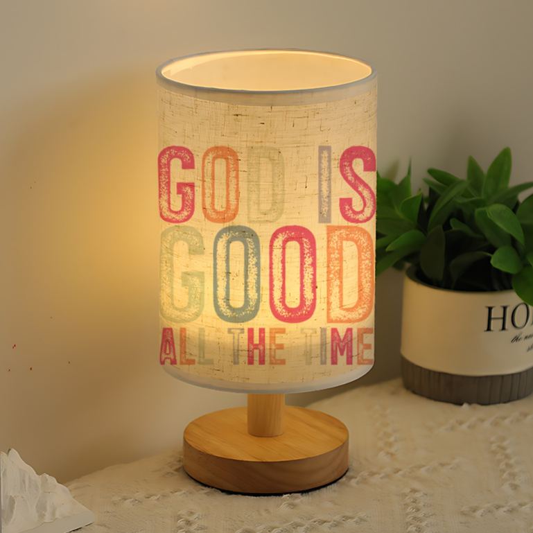 Modern USB-Powered Linen Table Lamp with Inspirational God is Good All The Time