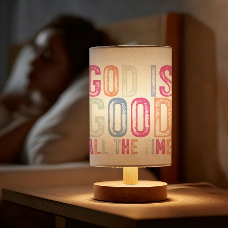 Modern USB-Powered Linen Table Lamp with Inspirational God is Good All The Time