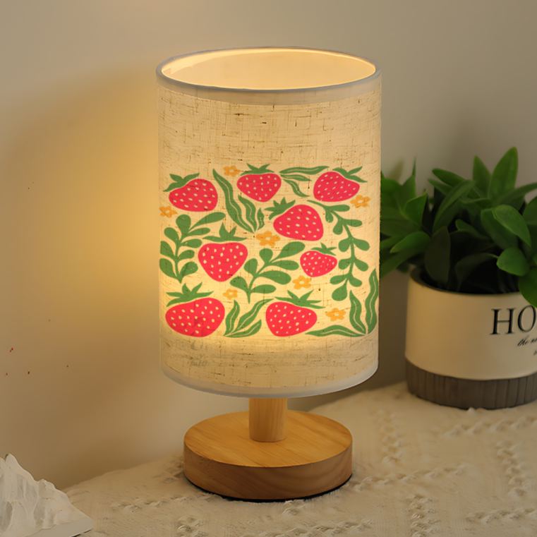 Modern USB Powered Linen Table Lamp with Strawberry Floral Pattern and Soft Glow Lighting