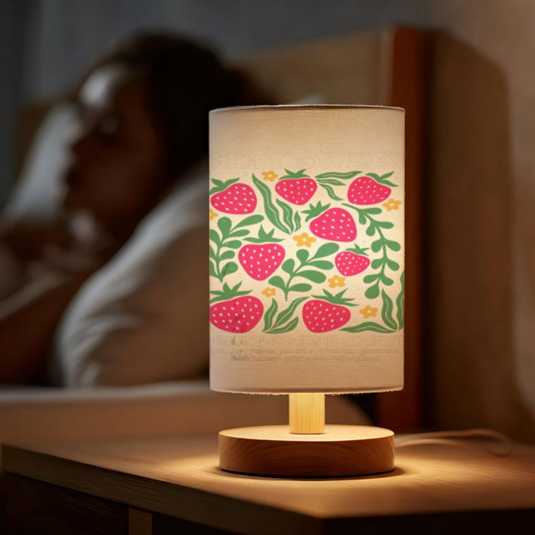 Modern USB Powered Linen Table Lamp with Strawberry Floral Pattern and Soft Glow Lighting