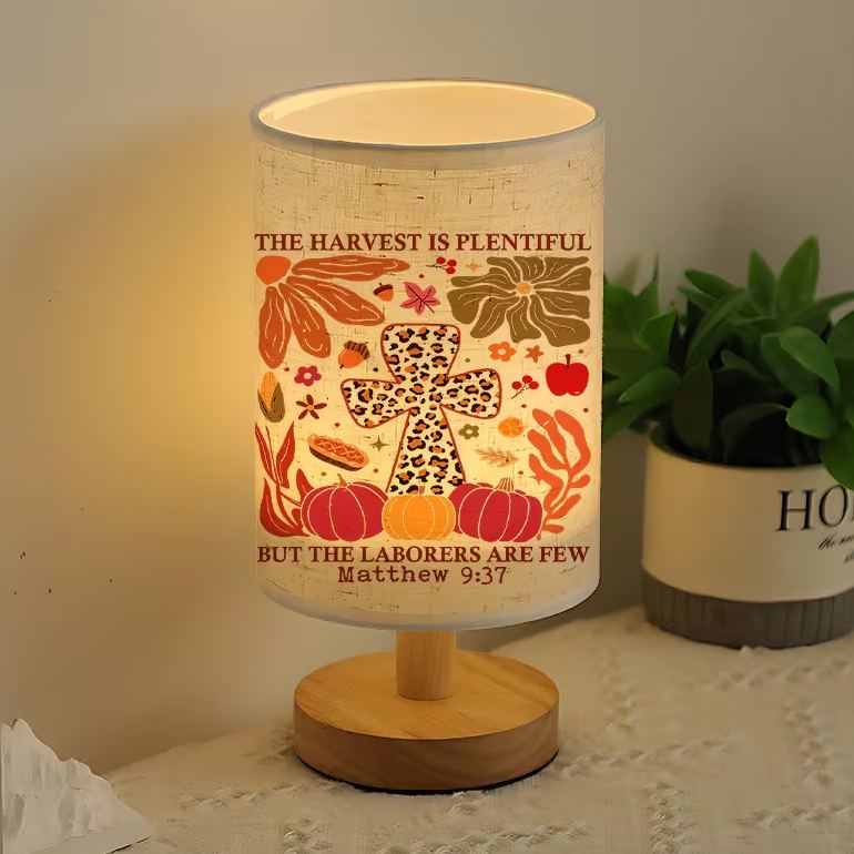 Modern USB-Powered Linen Table Lamp with Floral & Fruit Patterns (Peaches, Apples, Pears)