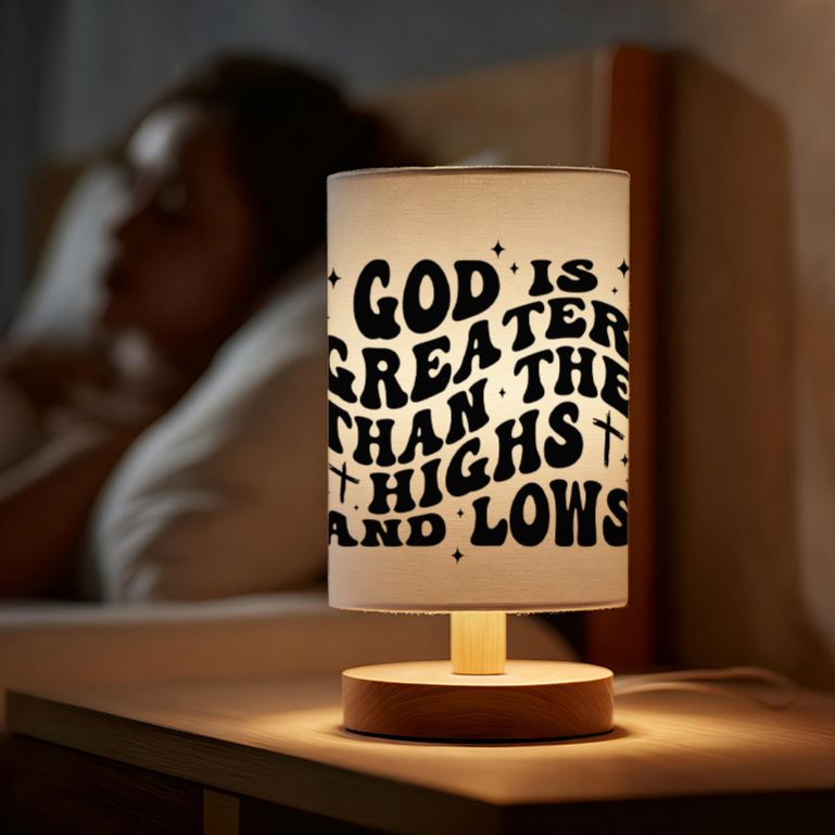  USB-Powered Linen Table Lamp with Inspirational "God is Greater Than Highs and Lows" Message