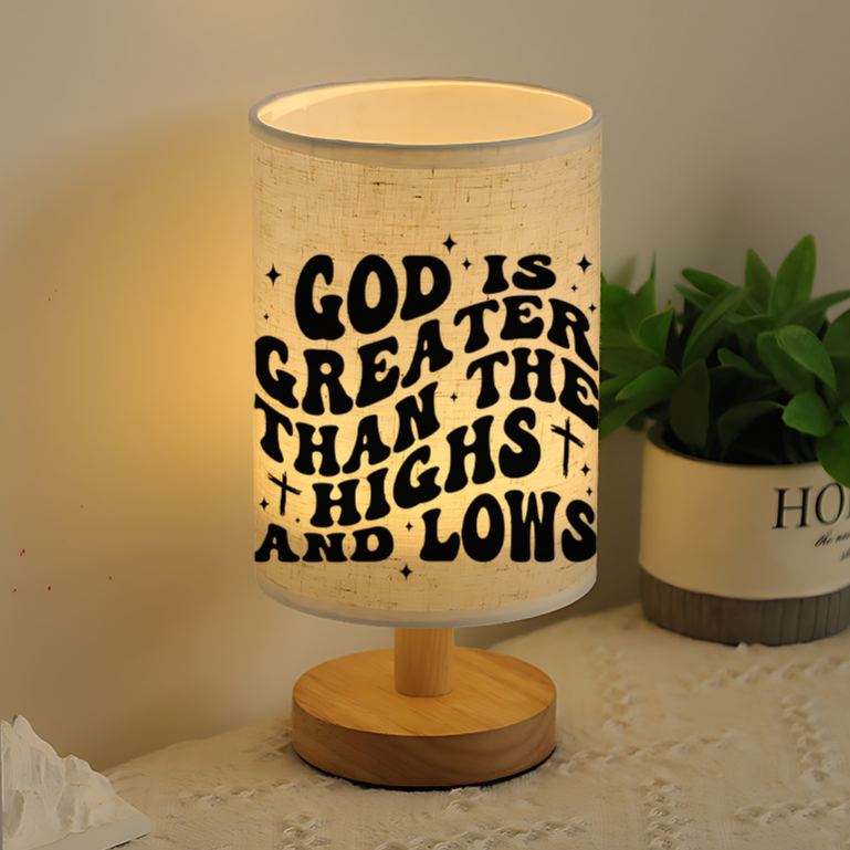  USB-Powered Linen Table Lamp with Inspirational "God is Greater Than Highs and Lows" Message