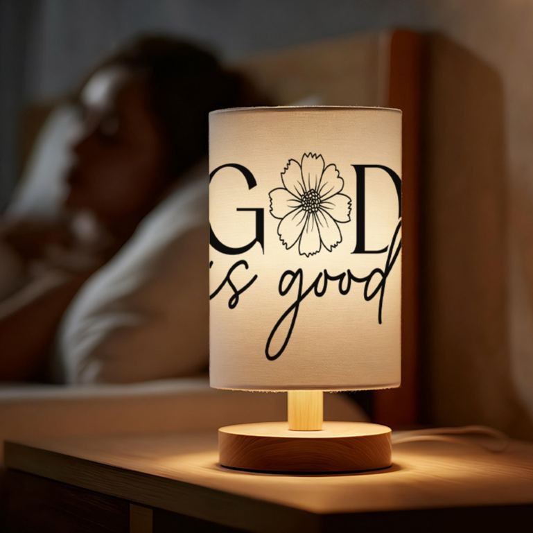 Modern USB-Powered Linen Table Lamp with "God is Good"