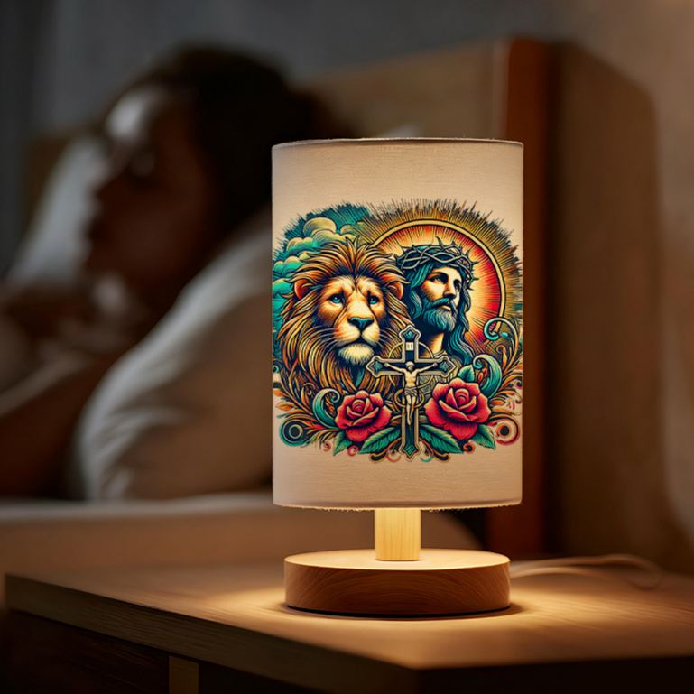 Modern USB-Powered Linen Table Lamp with & Floral Pattern Shade