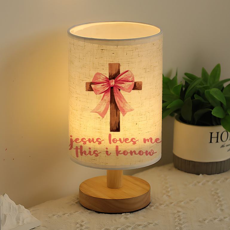Modern USB-Powered Linen Table Lamp with Elegant Bow & Cross Design