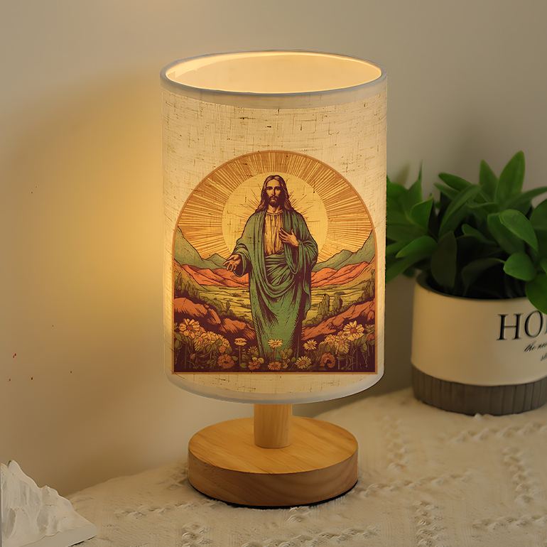 Modern USB-Powered Linen Table Lamp Christ Religious Design 
