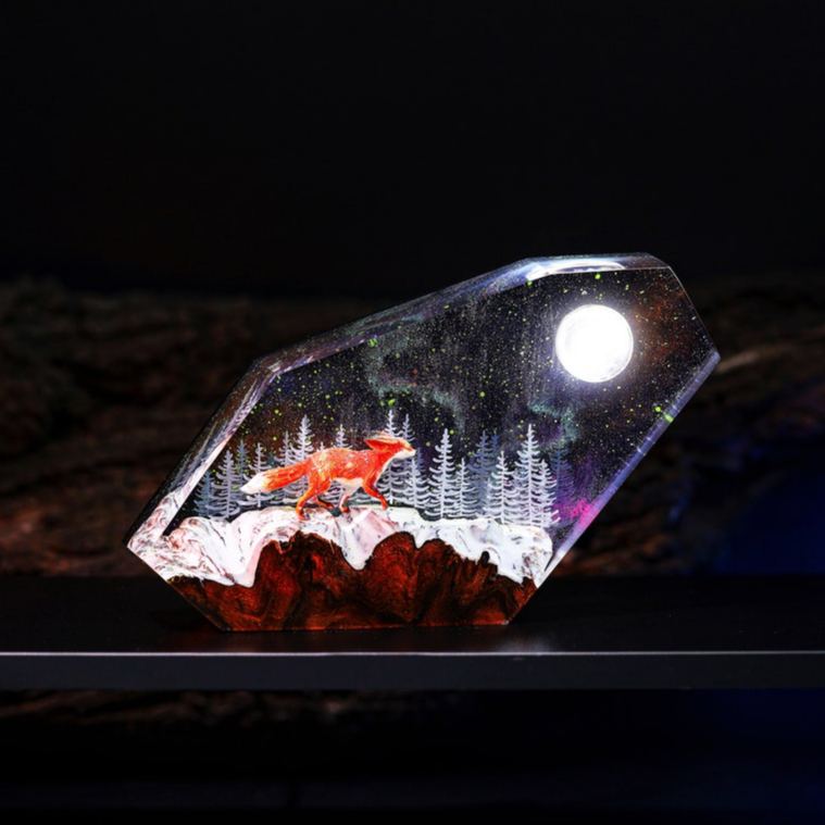 Red Fox Winter Snowy Forest Epoxy Lamp