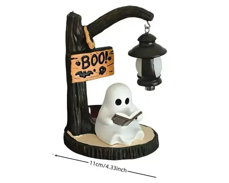 Smooth Resin Ornament - Retro Light-Up Ghost Sculpture, Premium Glowing Art Figurine with Switch, Wooden Accents, Props, Sculpture Desk Decor, All Seasons Cozy Home Decor for Bookshelf, Halloween Gift for Book Lovers