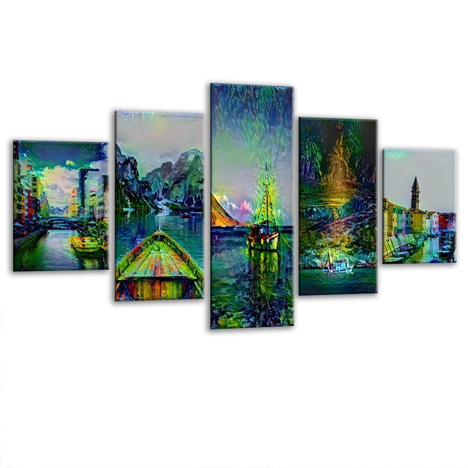 Seaside Boats 5 Piece HD Multi Panel Canvas Wall Art Frame-Original Frame