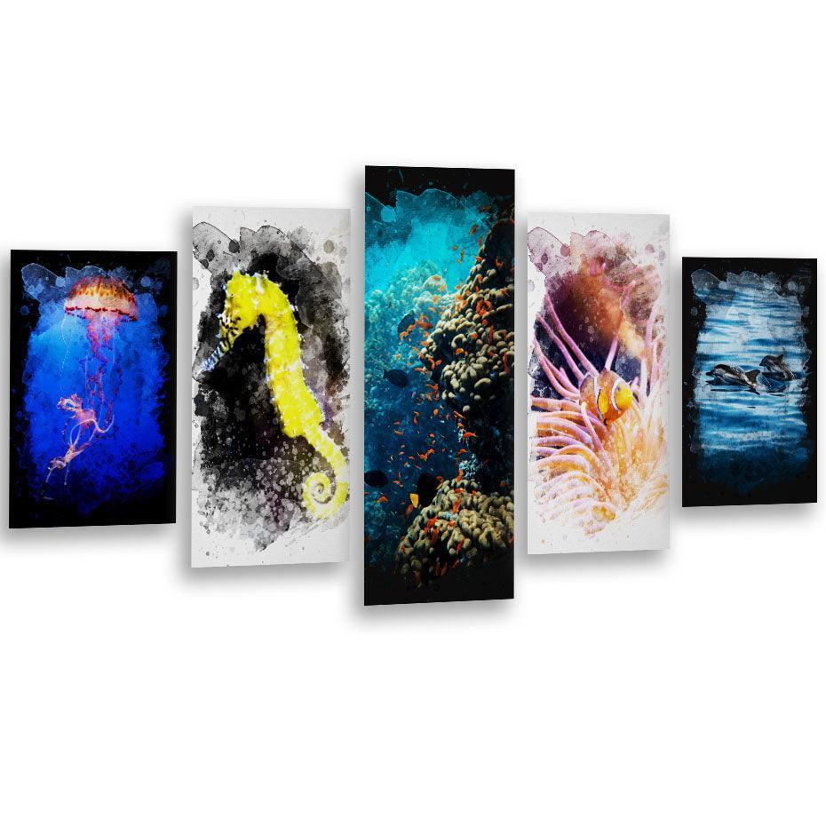 Sea Creatures 5 Piece HD Multi Panel Canvas Wall Art Frame-Original Frame