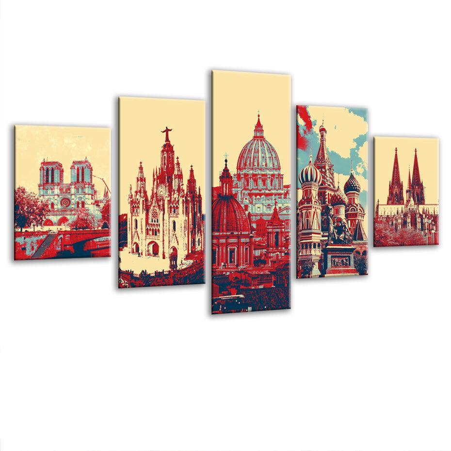 Famous Cathedrals Of Europe 5 Piece HD Multi Panel Canvas Wall Art Frame-Original Frame