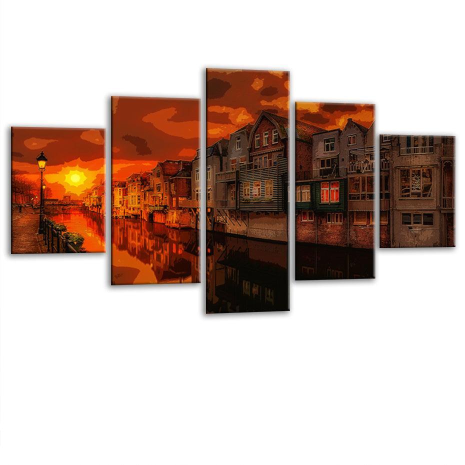 Evening Radiance in the City Multi-Panel Canvas Art Frame-Original Frame