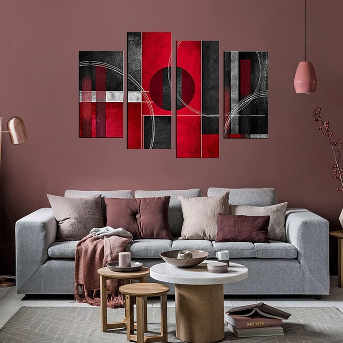 Black and Red Abstract Geometric 4 Piece Canvas Wall Art