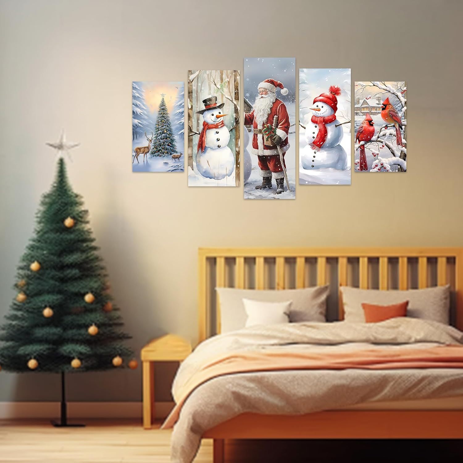 Santa Claus Wall Art 5 Piece Christmas Tree Deer Picture Snowman Canvas Prints