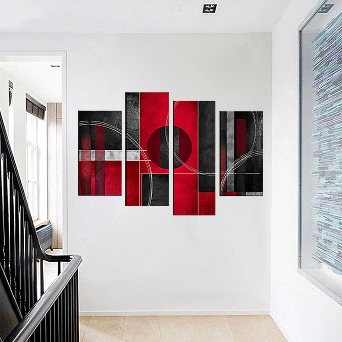 Black and Red Abstract Geometric 4 Piece Canvas Wall Art