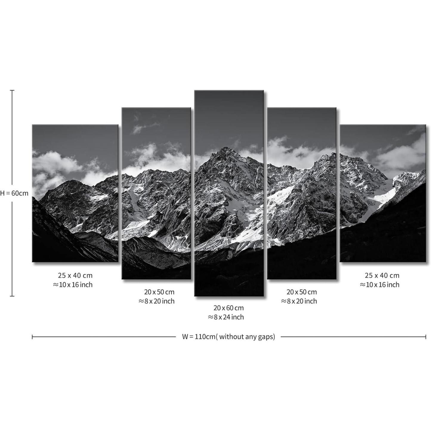 Snow Mountain Black And White 5 Piece Canvas Wall Art