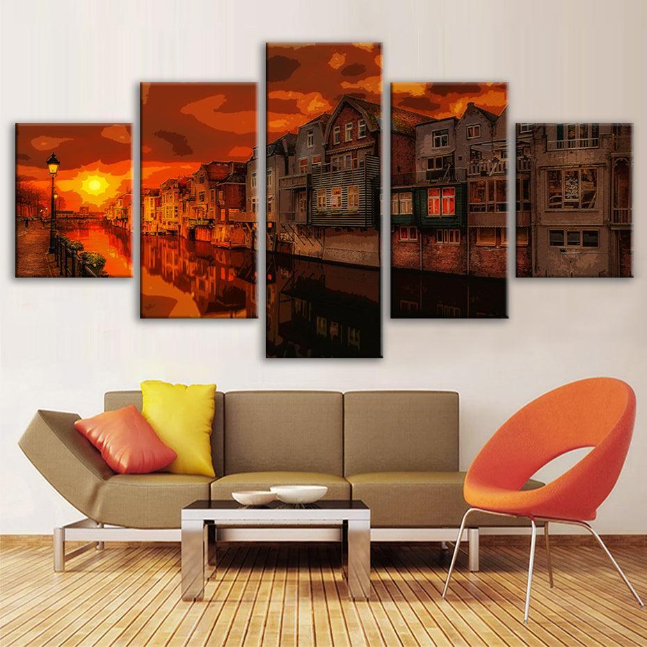 Evening Radiance in the City Multi-Panel Canvas Art Frame-Original Frame