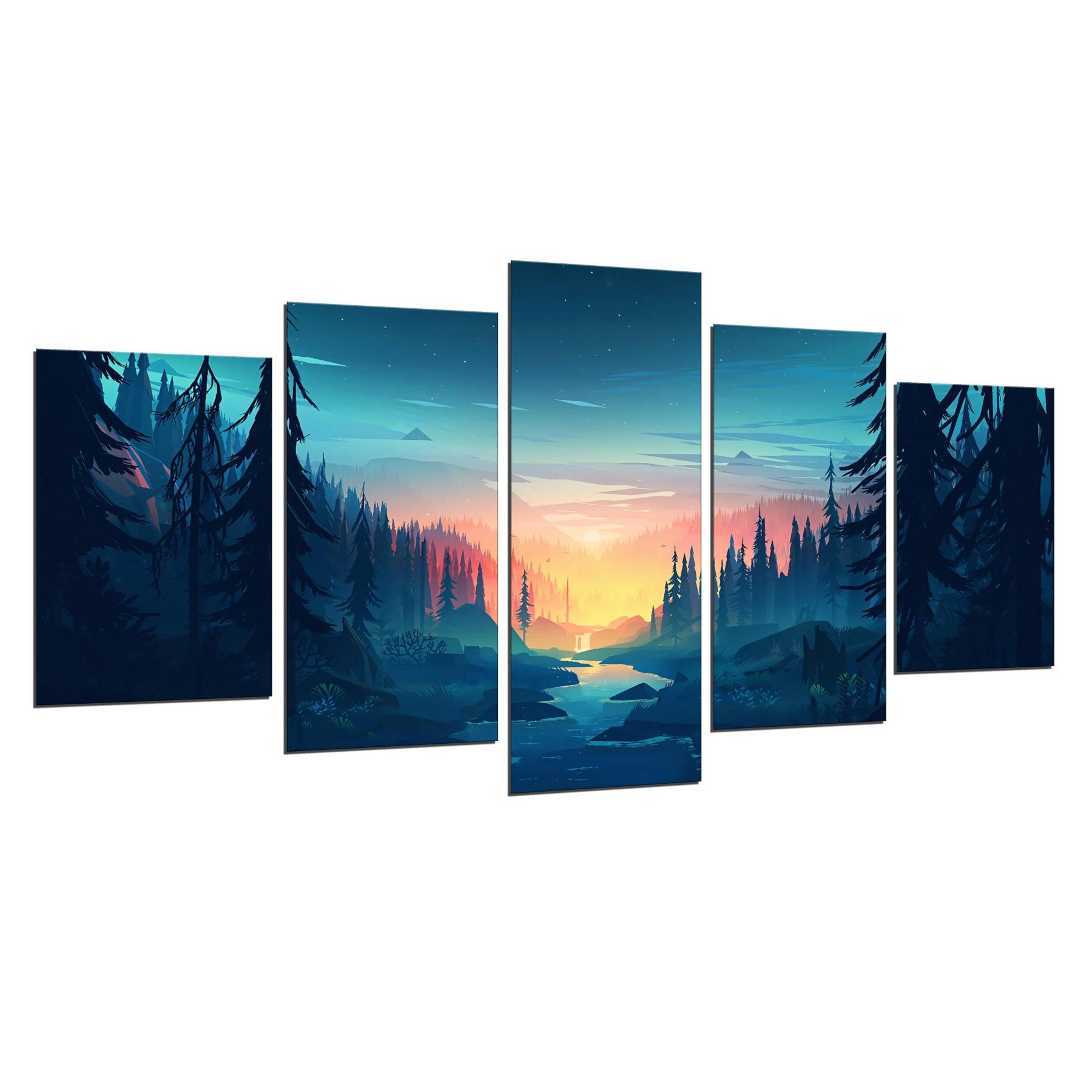 Forest Sunset 5 Piece HD Multi Panel Canvas Wall Art Frame-Original Frame