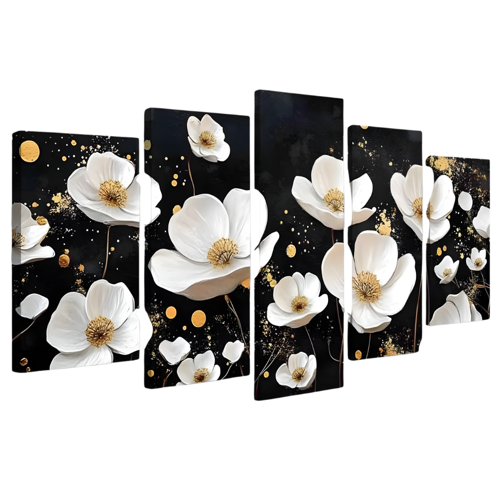 5 Piece White and Gold Flower Canvas Wall Art