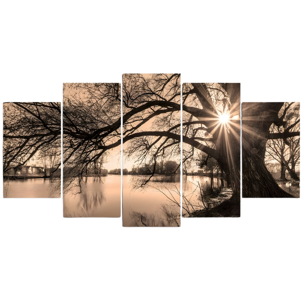 Sepia Lake Sunset Tree Multi Panel Wall Display