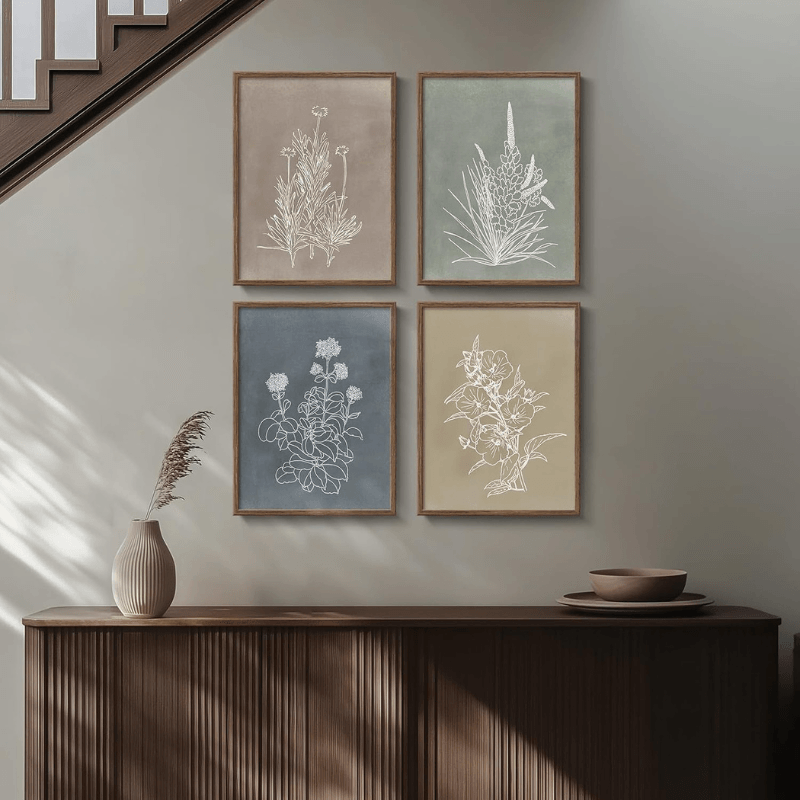 Framed Botanical Wall Art 4 Piece Rustic Floral Print Set-Original Frame