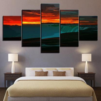 An Orange Sunrise At The Waterfall 5 Piece HD Multi Panel Canvas Wall Art Frame-Original Frame